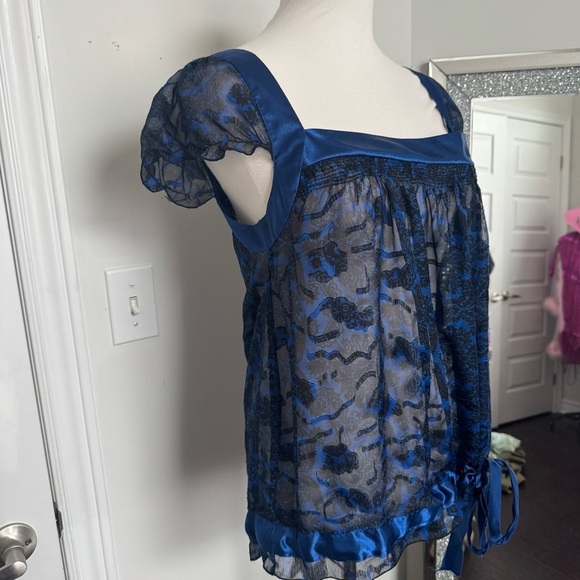 Y2K Blue Floral Women's Top L coquette whimsigoth glam fairy - Picture 5 of 8